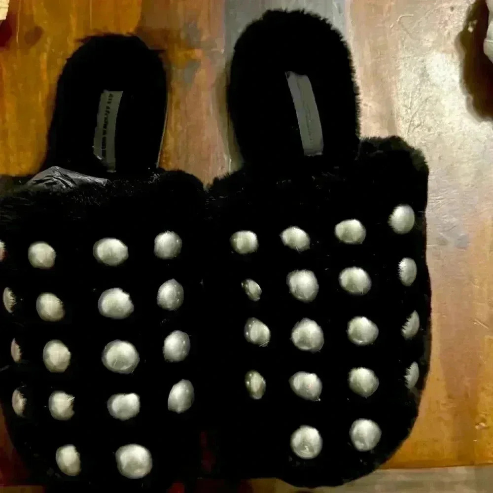 Amelia Studded Fur Slip on's In Black - Picture 2 of 5